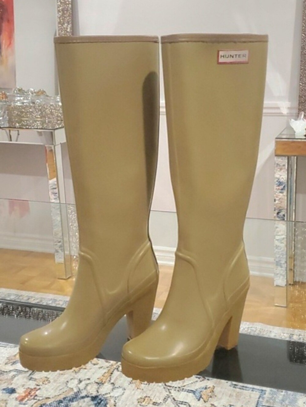 RARE Hunter Lonny Tall Nude Beige Chunky Heeled Platform Rain Boots